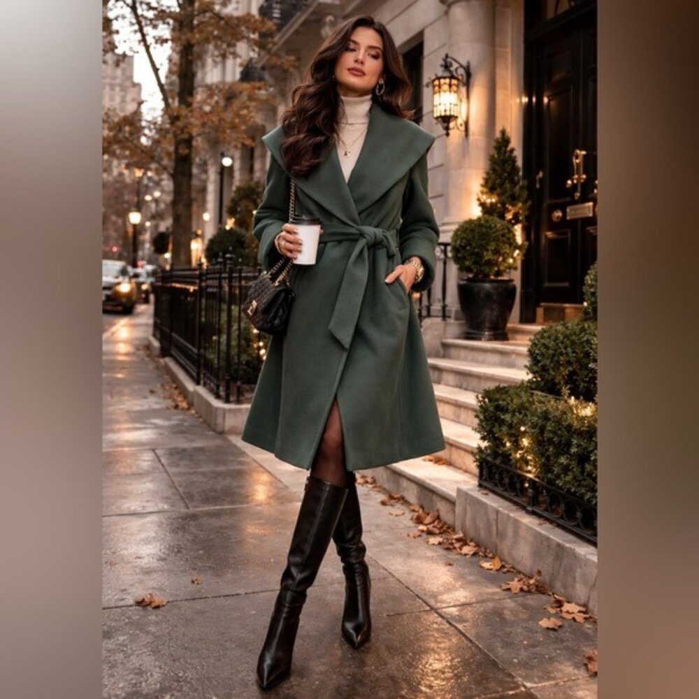 Trina Turk Wool Blend Wrap Coat Green Size 6 Quiet Luxury Forestcore Chic